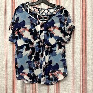 Blue, white, black, pink blouse